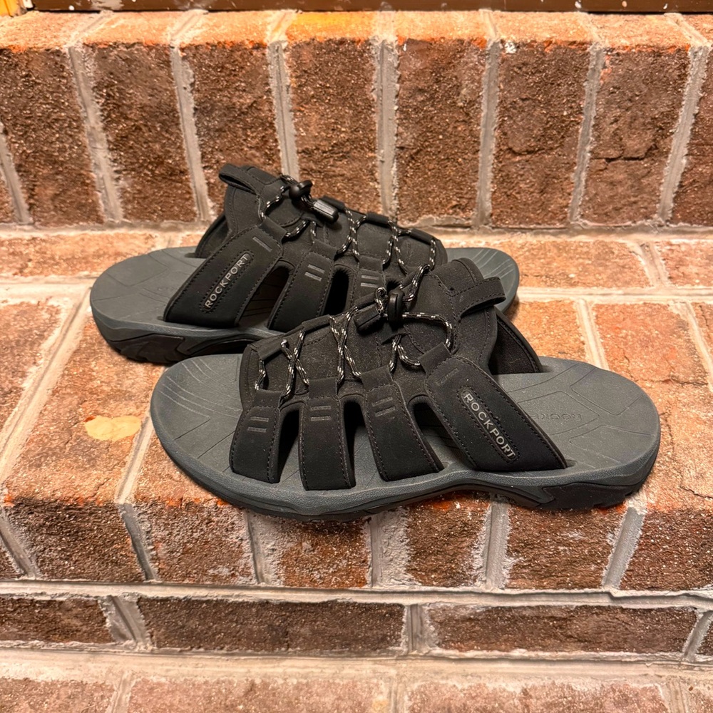 Rockport Sandals/Slide Ons - NEVER BEEN WORN Black on Black with Gray stitching.